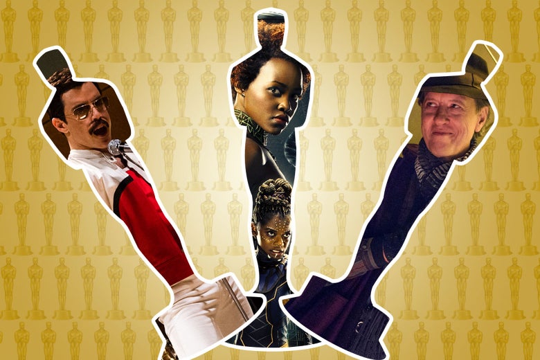 Silhouettes of Oscar statuettes filled with photos of nominees.